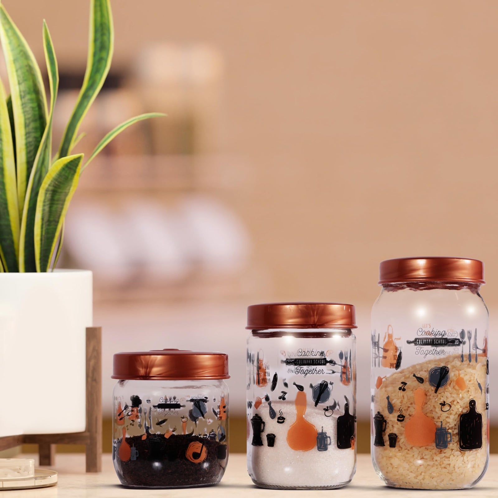 Herevin Let's Cooking Print Decorated Canister Set 3-Pieces, 425, 660 and 1000 ml Capacity, Gold