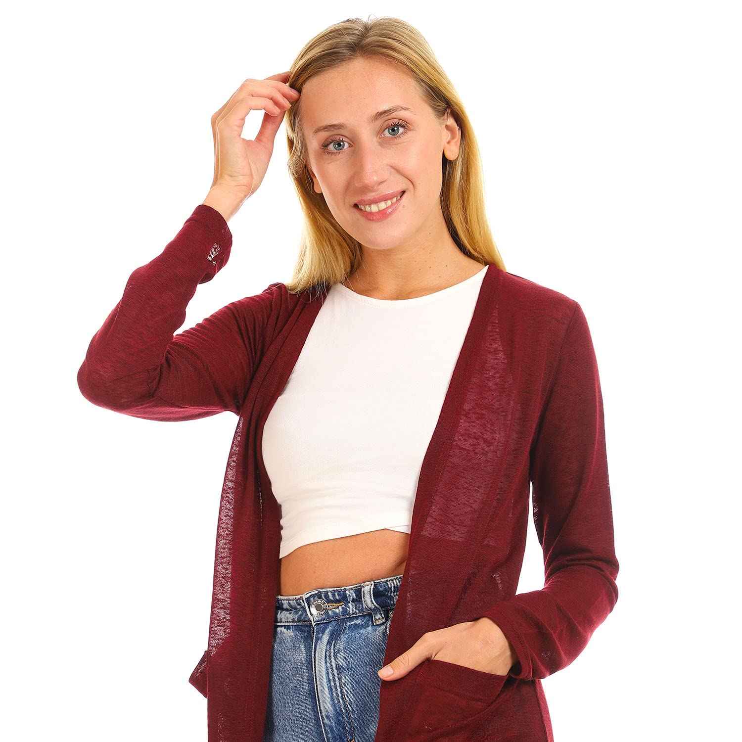 Jamila Women Side Pockets Open Neckline Cardigan