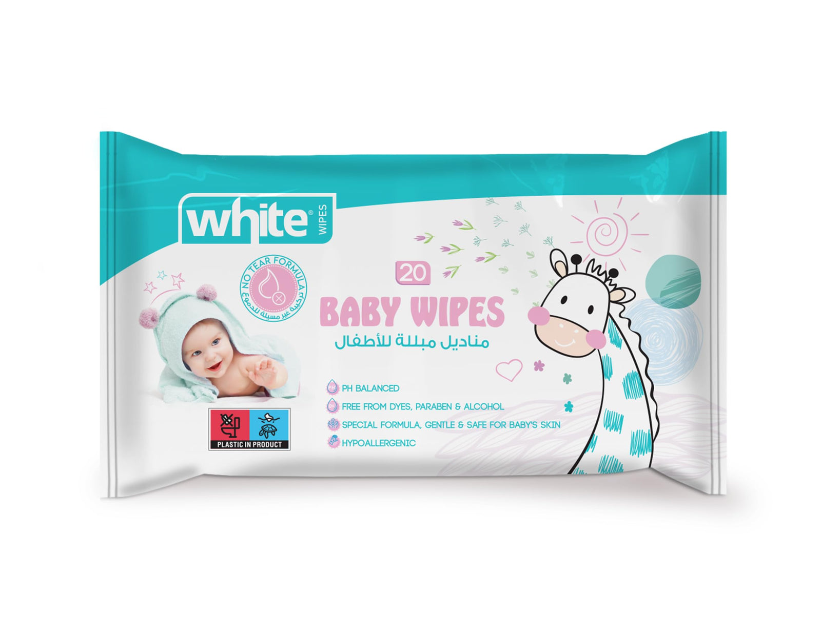 مناديل White المبللة للأطفال (20 منديل) مصممة لتوفير تنظيف لطيف وفعّال لبشرة الطفل الحساسة. تحتوي على مكونات مرطبة ومهدئة تساعد على إبقاء بشرة الطفل ناعمة ونظيفة ومنتعشة مع كل استخدام