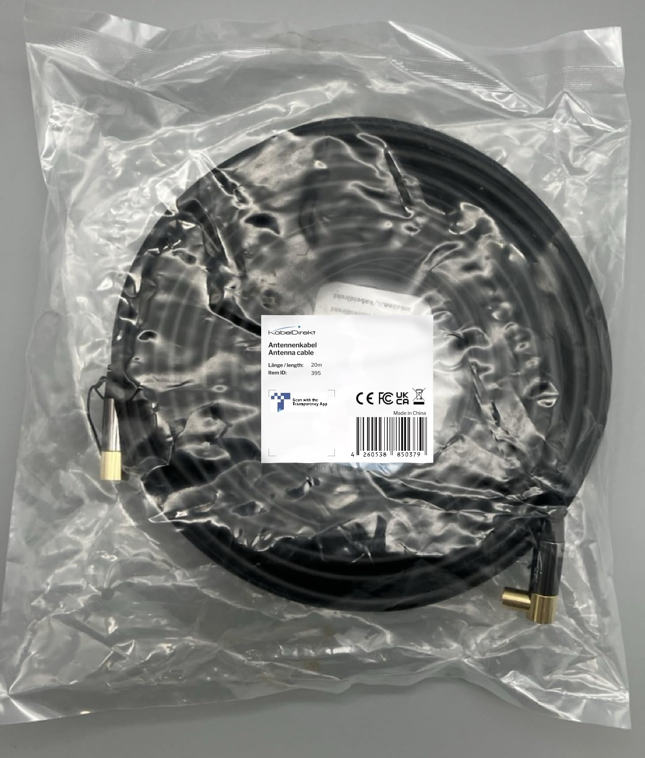 KabelDirekt 395 20m Coaxial Aerial/Antenna Cable with angle 90 ° (Male to Female, 75 Ohm, for TV, HDTV, radio, DVB-T2, DVB-C, DVB-S) PRO Series black