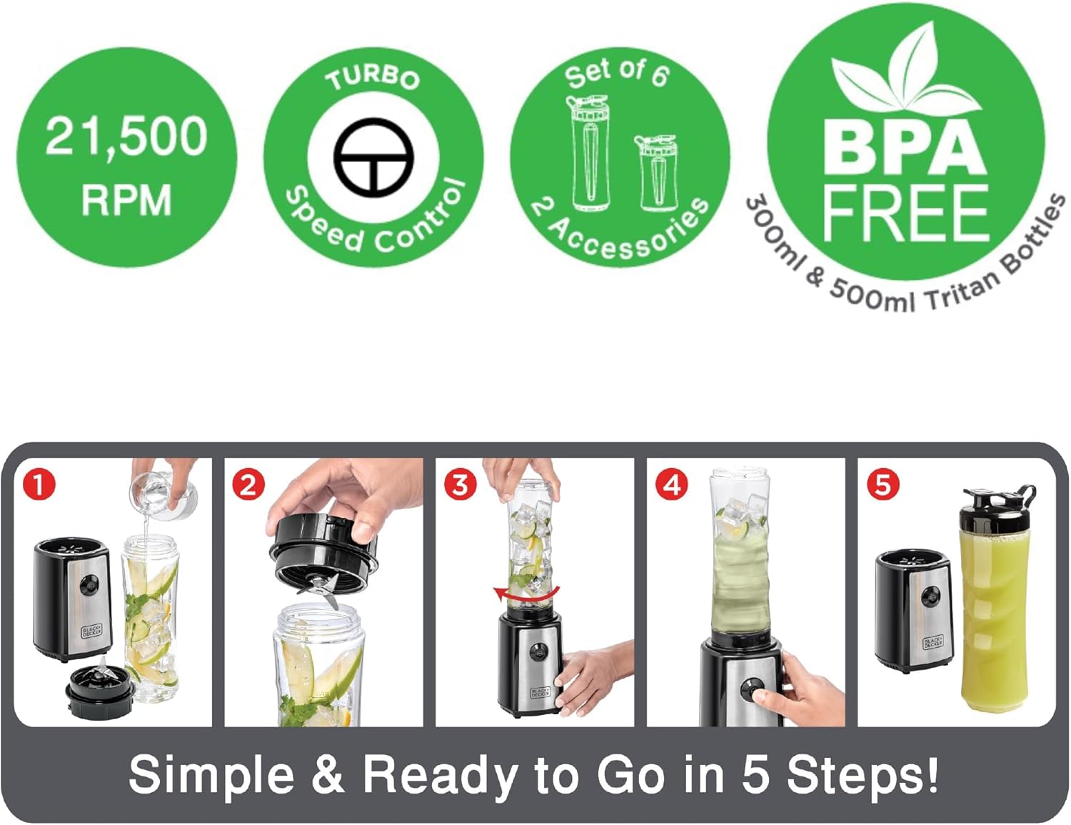 Black & Decker SBX300-B5 Blender 300W 21500 RPM with Sports Bottles Black - Have Scratches – Safqqa Egypt