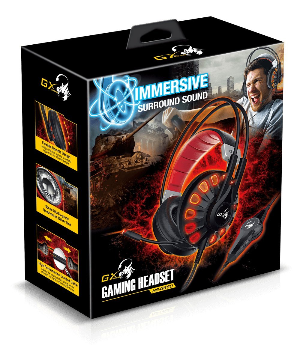 سماعة الألعاب Geniusللكمبيوتر هي سماعة سلكية مصممة لتوفير صوت غامر وتواصل واضح للاعبين (صندوق تالف )