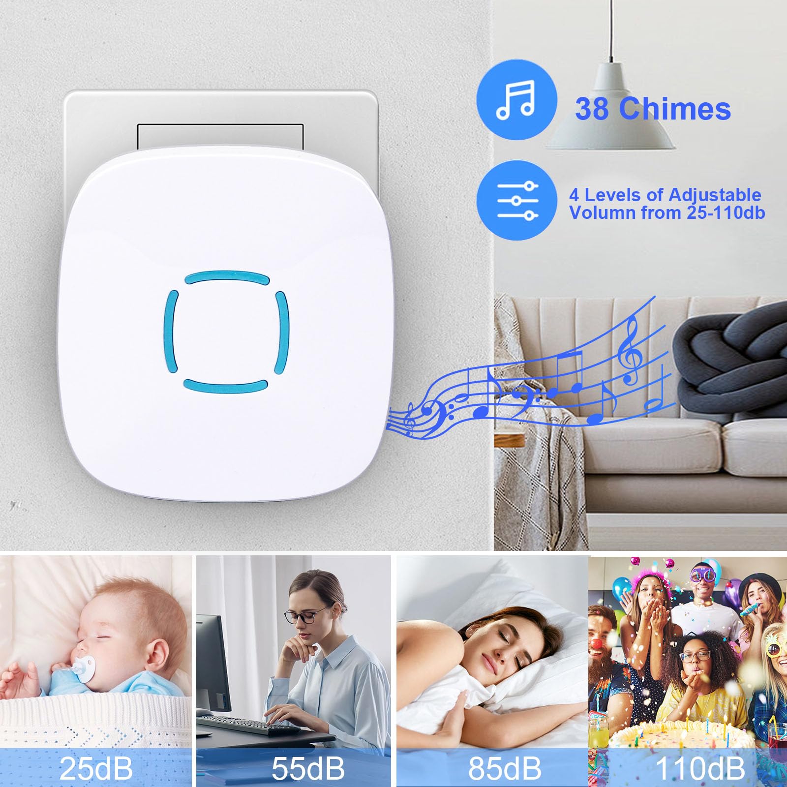 مجموعة جرس باب لاسلكي من سكاي-تاتش تشمل زر اتصال واحد وجهازين استقبال، مصممة لتوفير تنبيه منزلي سهل وموثوق. تصميم مقاوم للماء يضمن المتانة في جميع الظروف الجوية