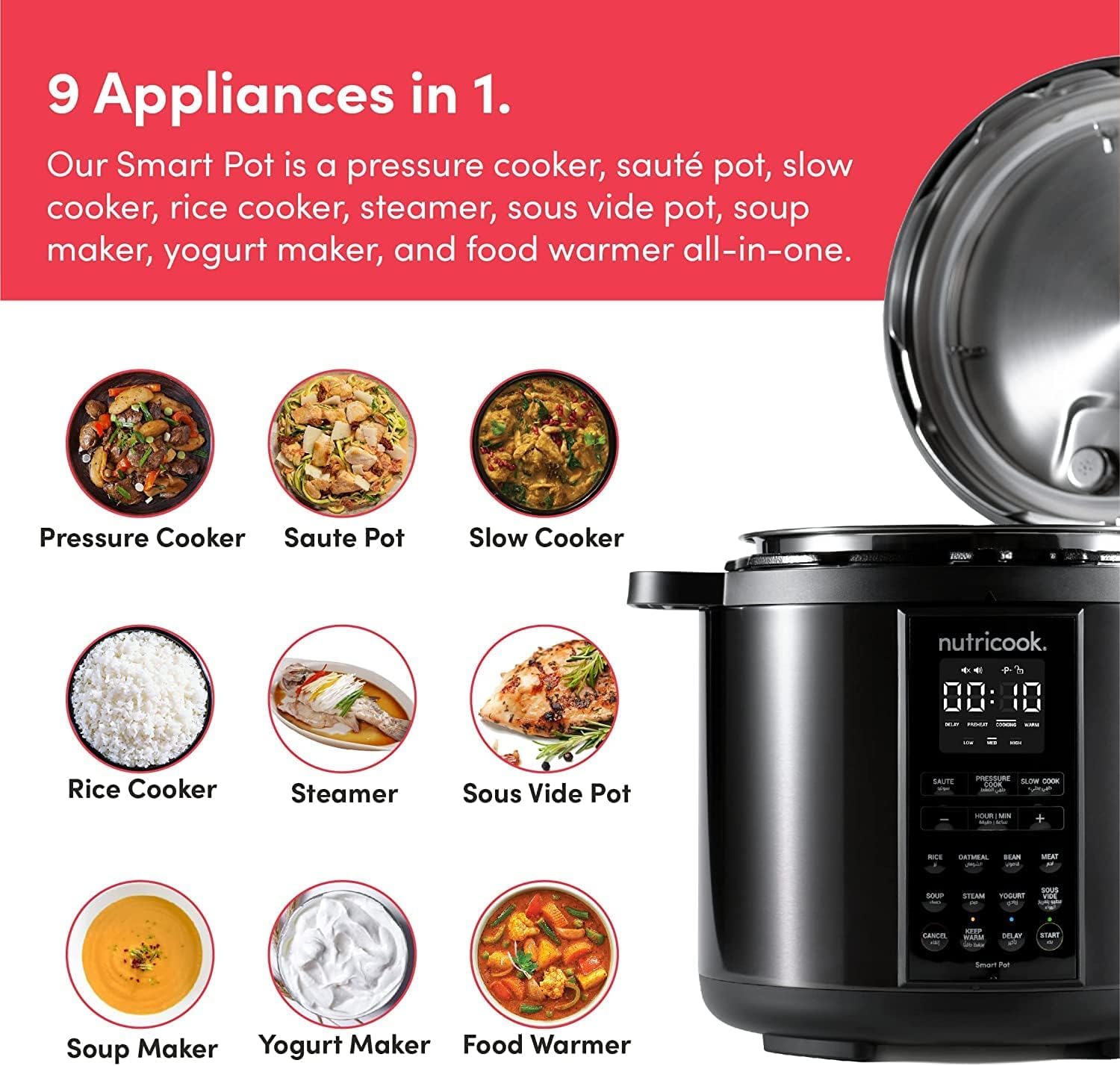 Nutricook Smart Pot 2.6 Liters, 9-in-1 Electric Pressure Cooker, Slow Cooker, Rice Cooker, Steamer, Sauté Pot, Yogurt Maker & More, 12 Smart Programs with New Smart Lid
