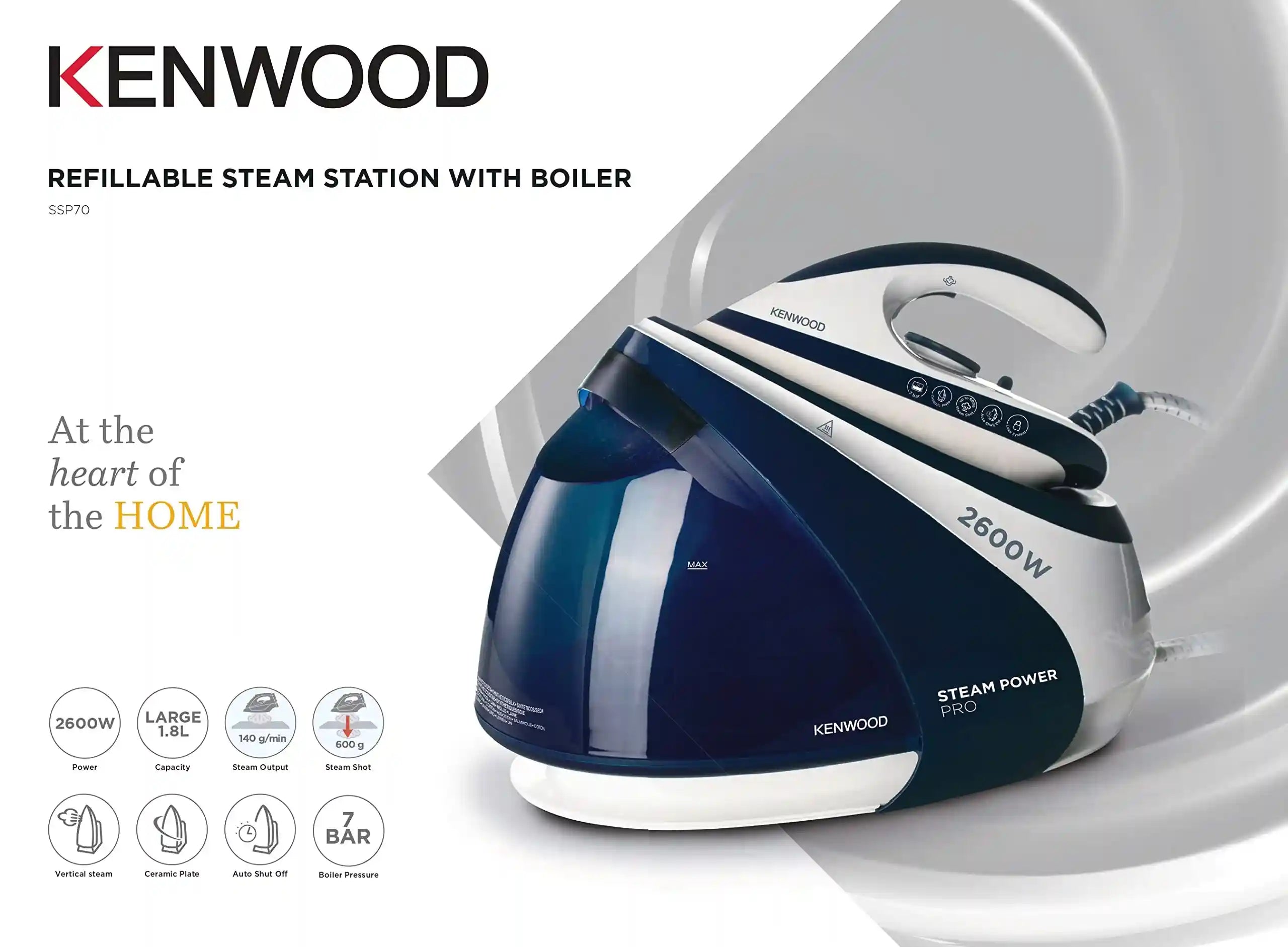 Kenwood Steam Iron Steam Station 2600W With 1.8L Water Tank Capacity, Ceramic Soleplate, 7 Bar Boiler Pressure, 600G Steam Shot, Anti Drip, Auto Shut Off, Self Clean Ssp70.000Wb White/Blue - There are scratches and the box is damaged - Safqqa Egypt