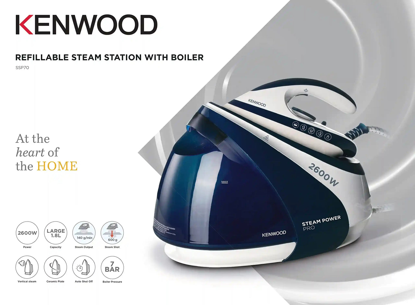 Kenwood Steam Iron Steam Station 2600W With 1.8L Water Tank Capacity, Ceramic Soleplate, 7 Bar Boiler Pressure, 600G Steam Shot, Anti Drip, Auto Shut Off, Self Clean Ssp70.000Wb White/Blue - There are scratches and the box is damaged - Safqqa Egypt