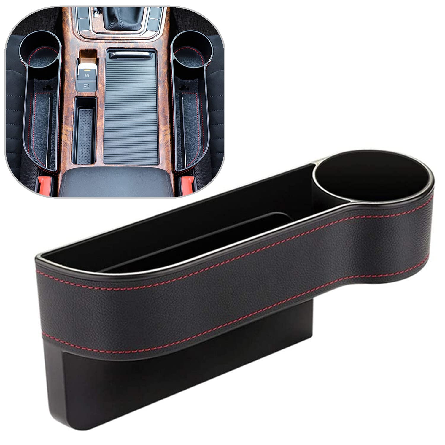 Car seat gap filler organizer between front seat car organizer and storage box, auto premium pu leather console with cup holder, car pocket for interior essentials (for passenger side)