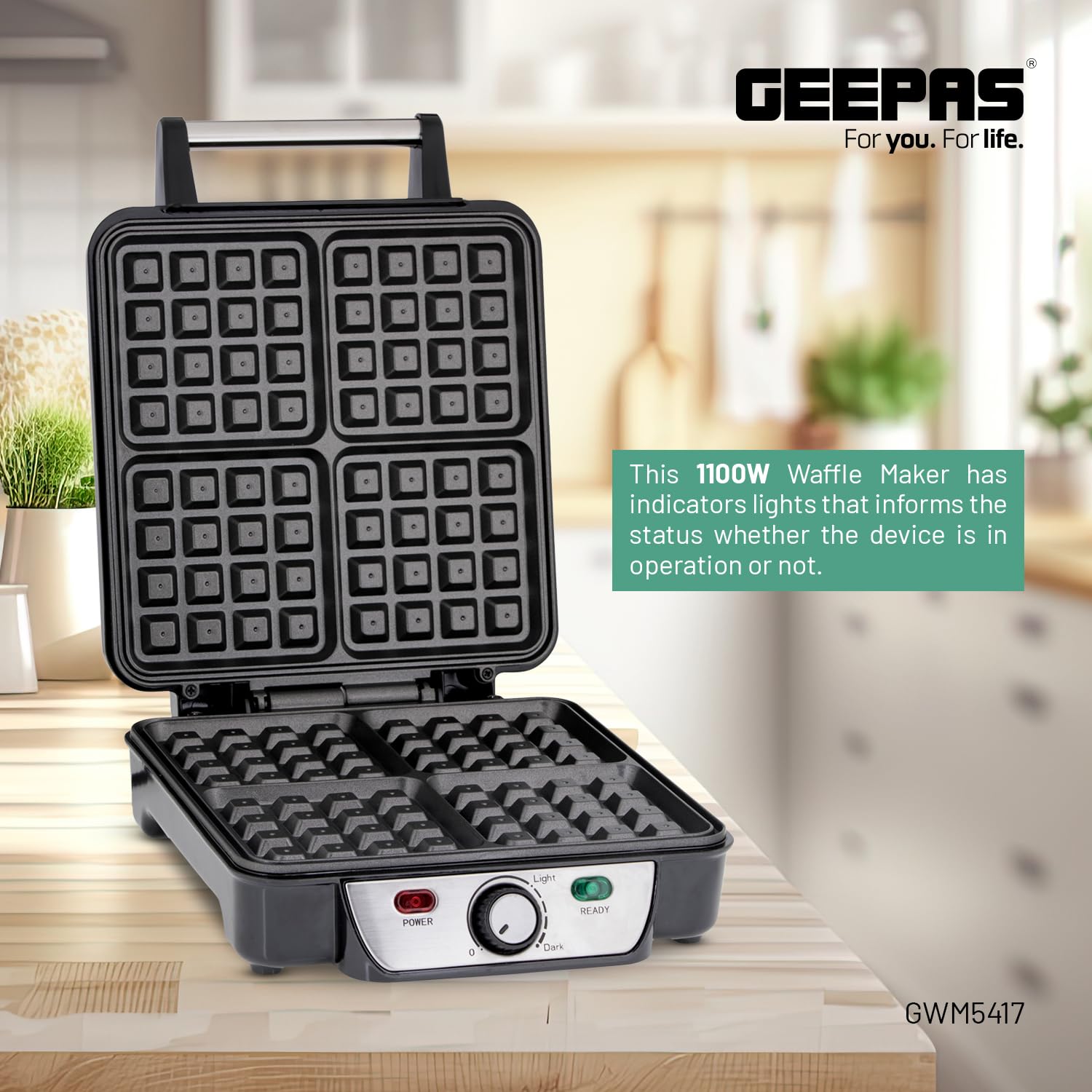 Geepas GWM5417 Electric Waffle Maker 1100W- 4 Slice Non-Stick Electric Belgian Waffle Maker with Adjustable Temperature Control- Have Scratches