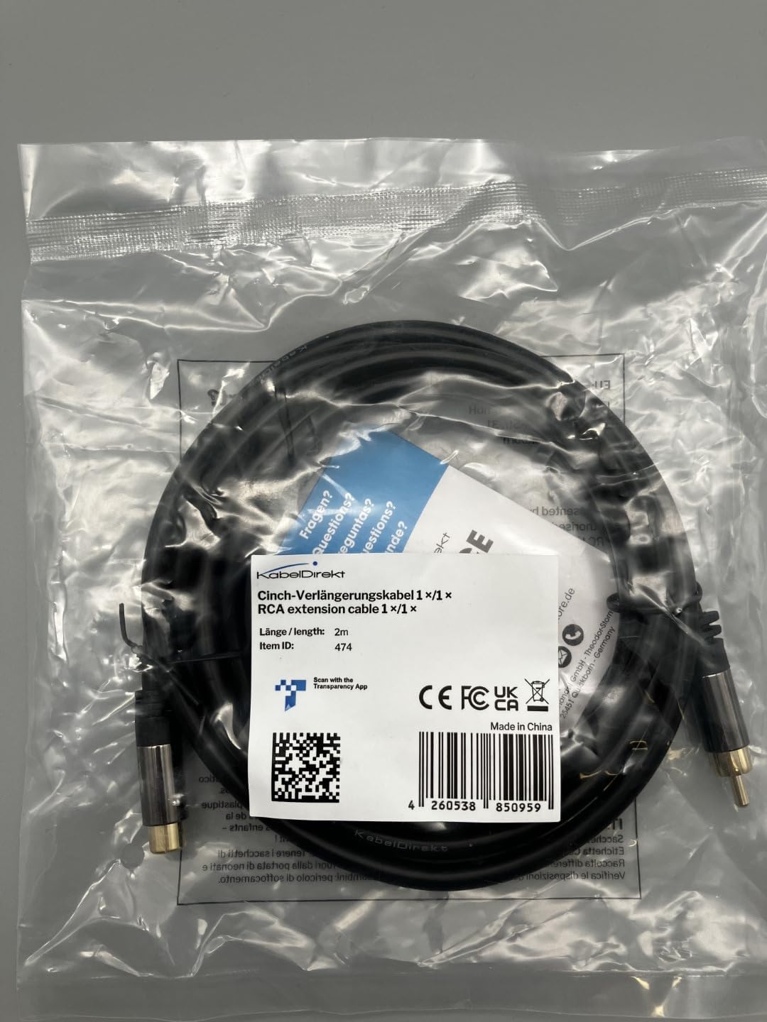 KabelDirekt 474 2m RCA/phono extension lead cable, audio/digital/video (coax male to female, for subs/amps/Hi-Fis, analogue/digital audio or composite video, 75 ohm) black