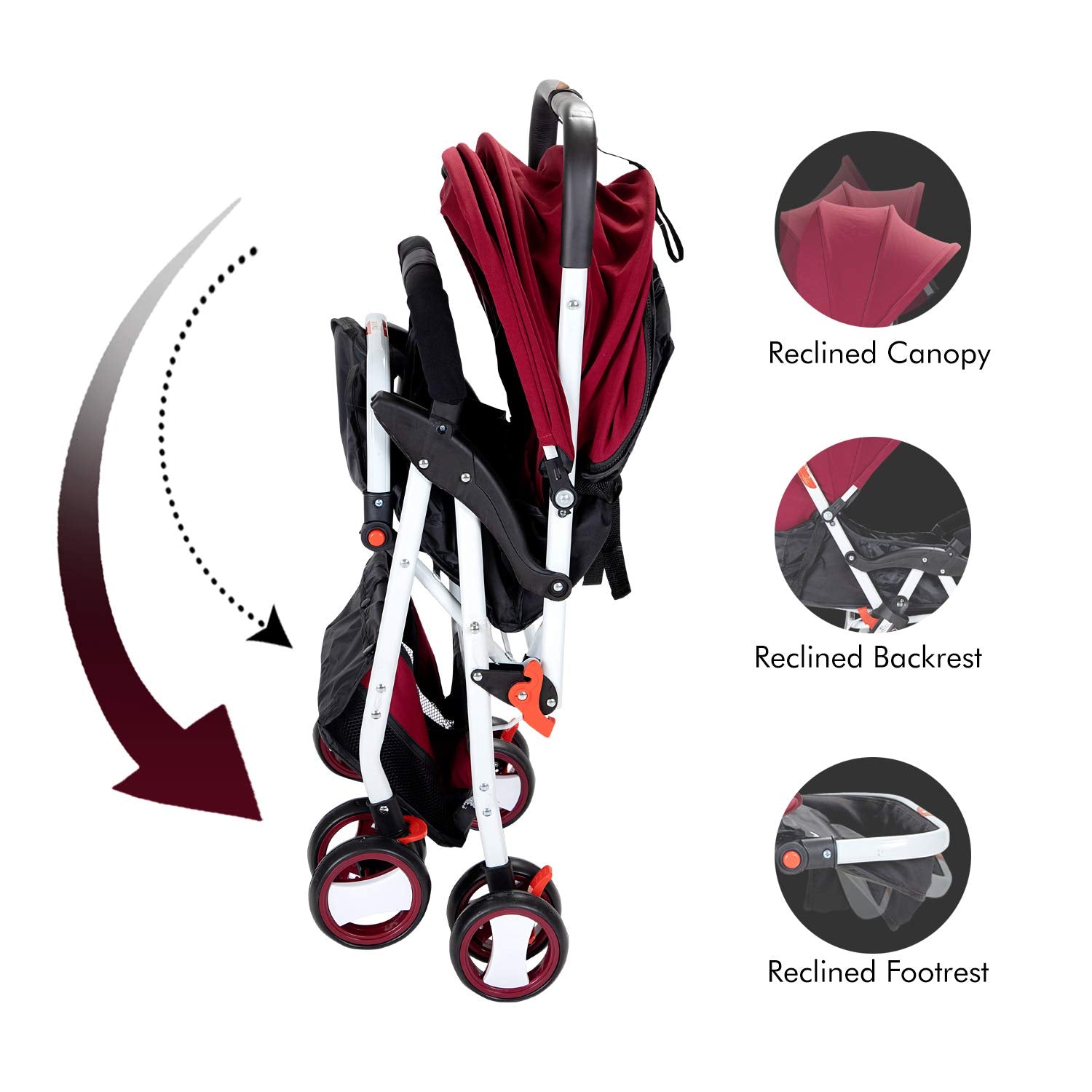 BABY PLUS Baby Pram Stroller With Sunshade Canopy & Adjustable Footrest/With Snack Tray/Safety Belt/Swivel Wheels/Reclining Position/Large Storage Basket/Unisex/ 12 To 36 Months/Wine Black/Red