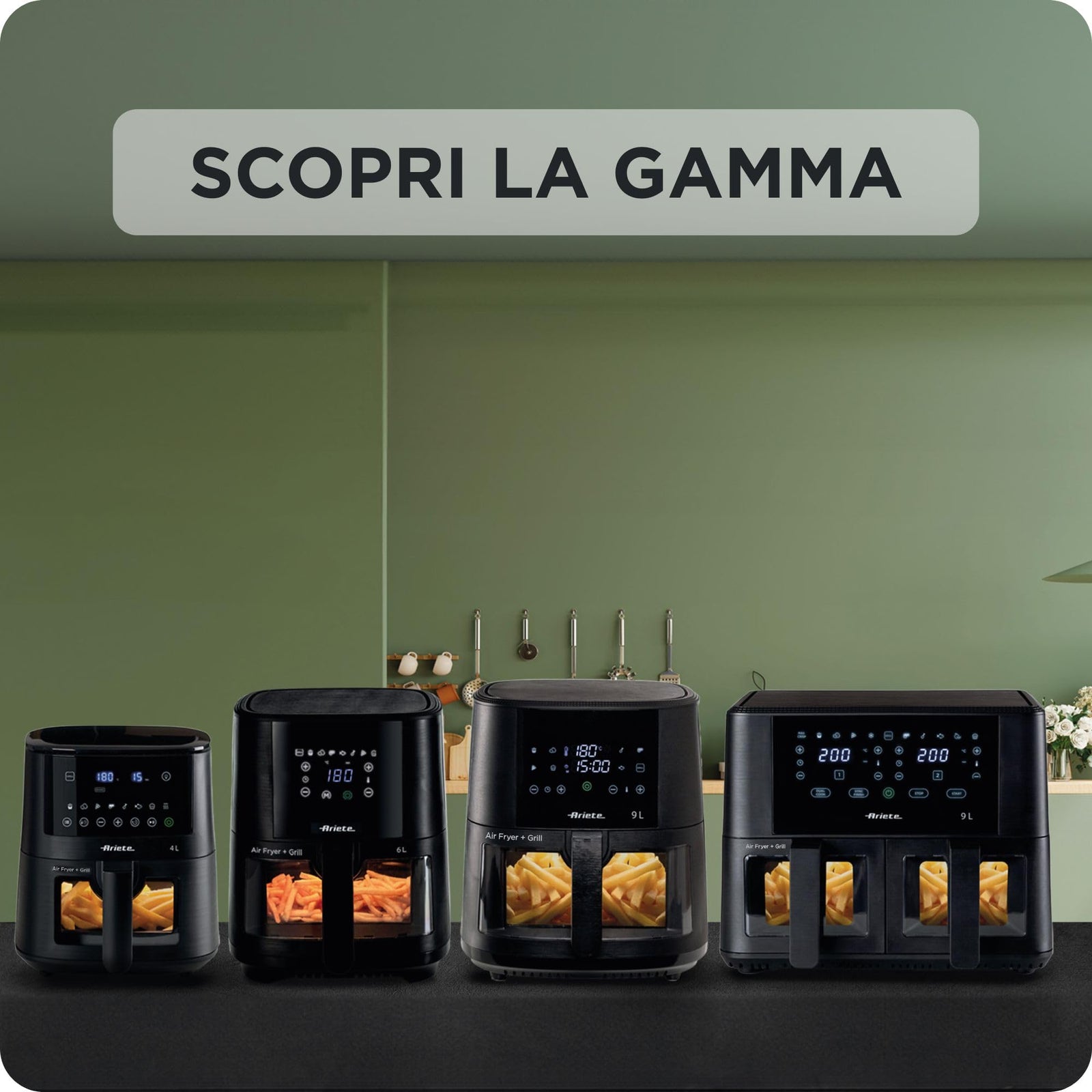 Ariete 4633 hot air fryer, 1400 W, 4L capacity, 9 programs, shake and grill function, temperature up to 200°C, black