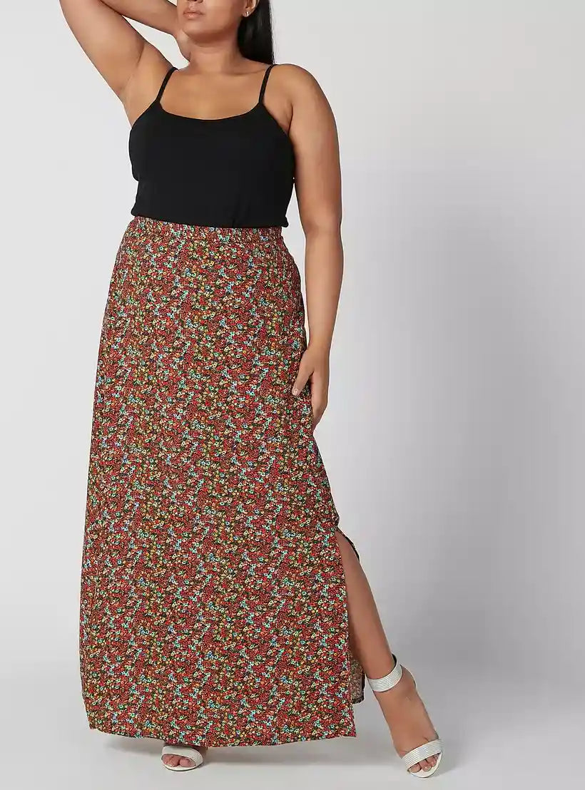 Printed Maxi A-line Skirt with Elasticised Waistband and Side Slit