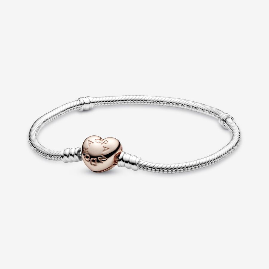 Pandora Moments Women's 14k Rose Gold-Plated and Sterling Silver Heart Clasp Snake Chain Bracelet for Charms