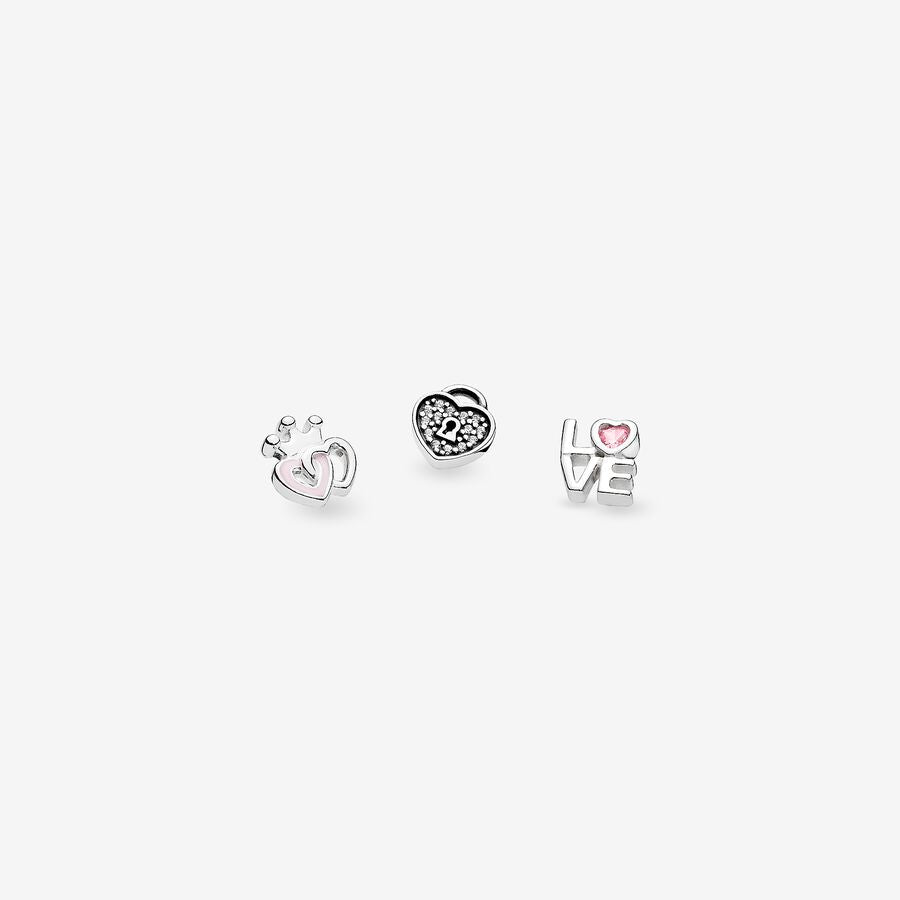 Petite elements pack in silver with heart padlock with clear CZ, love script with pink CZ and crowned hearts with pink enamel