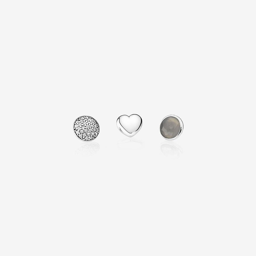 June petite elements pack in silver with heart, pave droplet with clear CZ and grey moonstone droplet