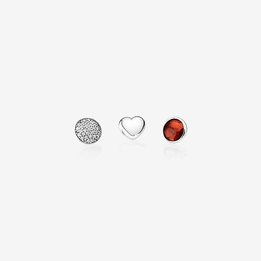 January petite elements pack in silver with heart, pave droplet with clear CZ and garnet droplet