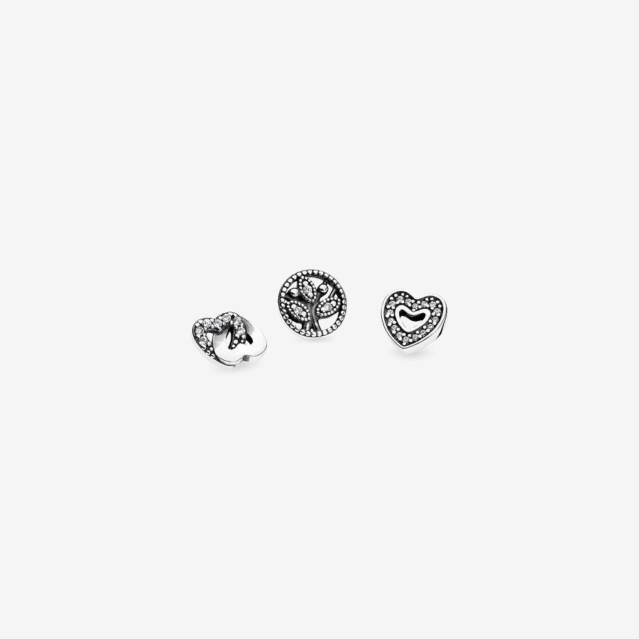 Petite elements pack in silver with heart with clear CZ, interlocked hearts with clear CZ and family tree with clear CZ