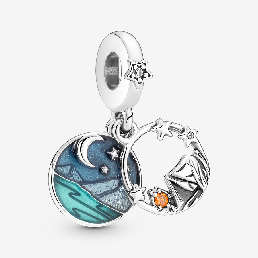 Camping sterling silver dangle with clear and orange cubic zirconia, glittery blue and transparent turquoise enamel