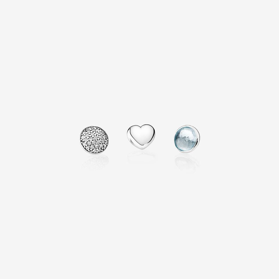 March petite elements pack in silver with heart, pave droplet with clear CZ and aqua blue crystal droplet