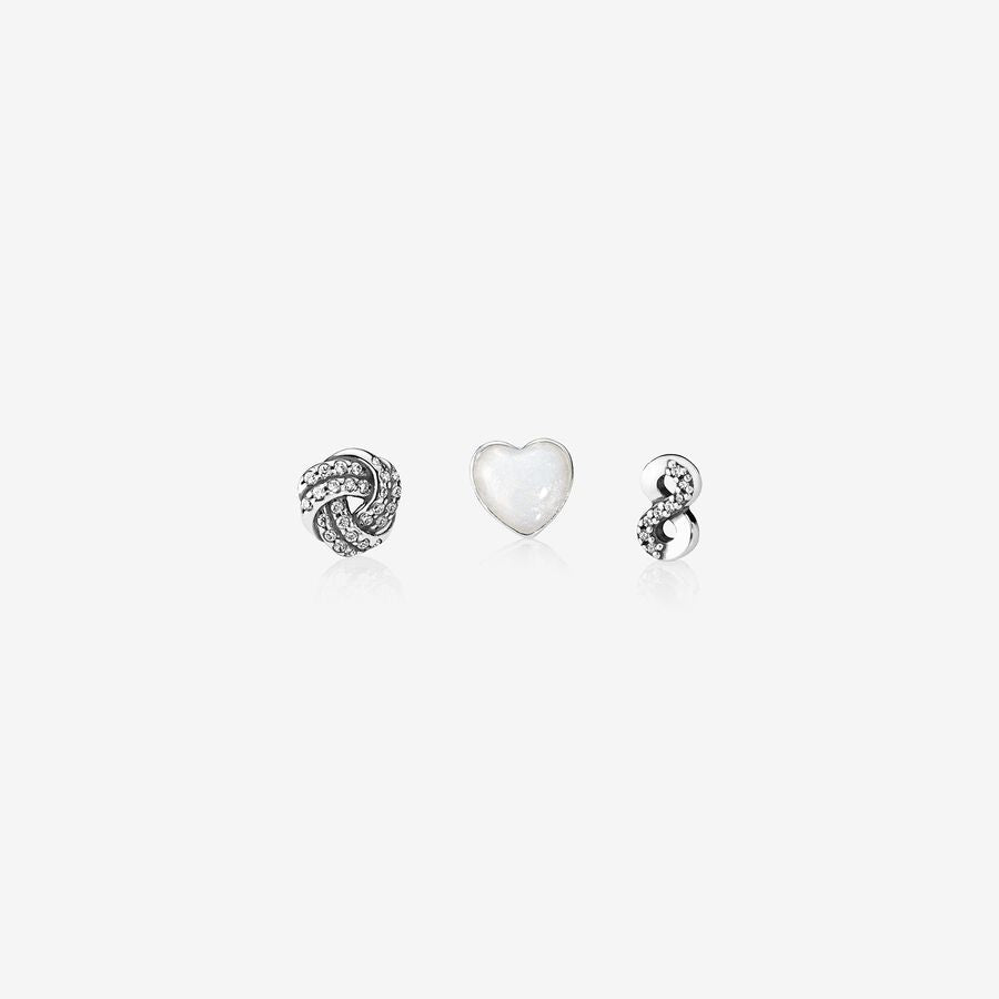 Petite elements pack in silver with infinity with clear CZ, love knot with clear CZ and heart with silver enamel