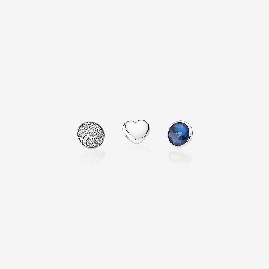September petite elements pack in silver with heart, pave droplet with clear CZ and synthetic sapphire droplet
