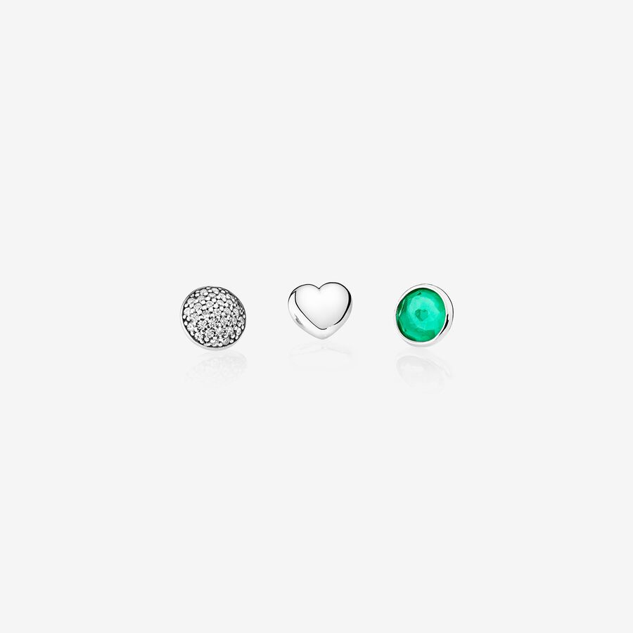 May petite elements pack in silver with heart, pave droplet with clear CZ and royal green crystal droplet