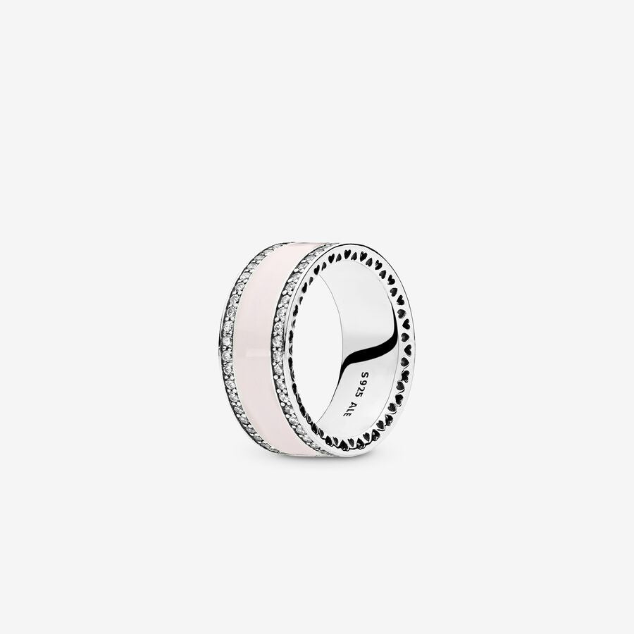 Silver ring with clear cubic zirconia and pink enamel