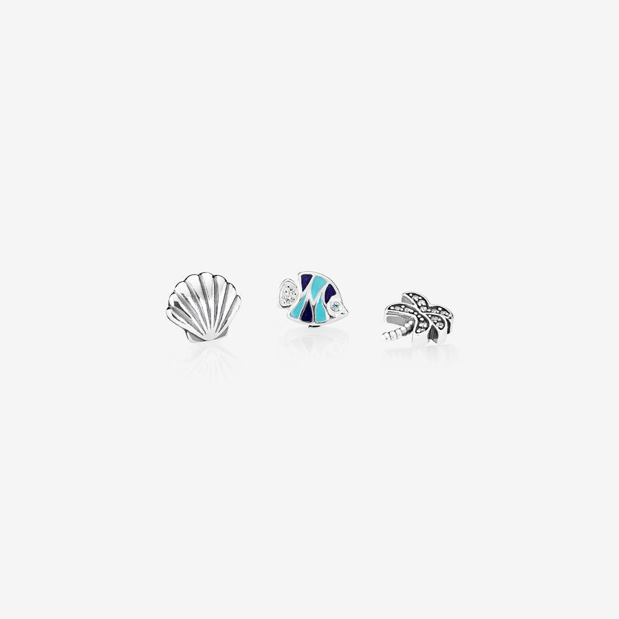 Petite elements pack in silver with shell, palm tree with clear CZ and fish with frosty mint CZ, clear CZ and blue enamel