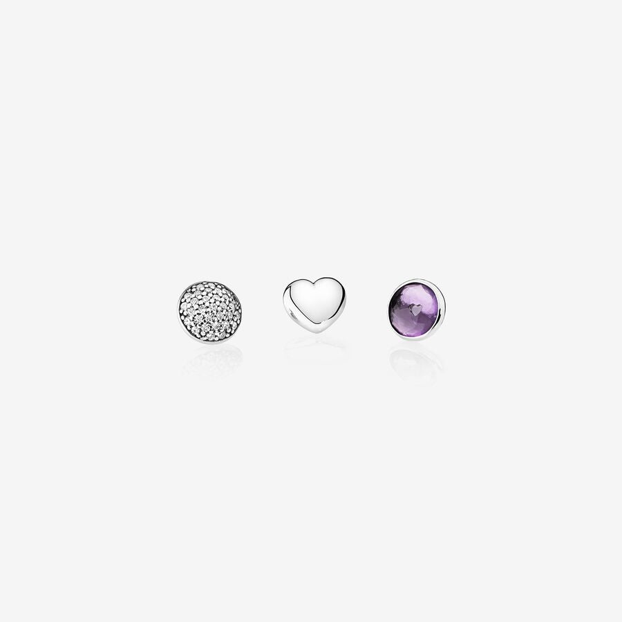 February petite elements pack in silver with heart, pave droplet with clear CZ and synthetic amethyst droplet