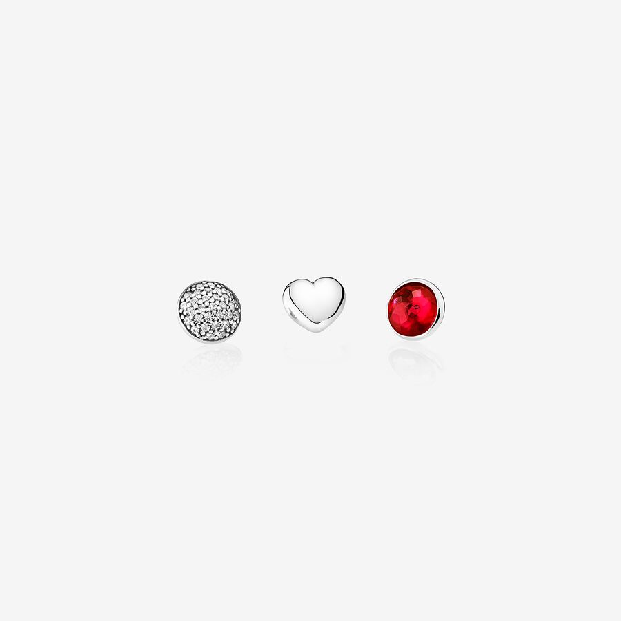 July petite elements pack in silver with heart, pave droplet with clear CZ and synthetic ruby droplet