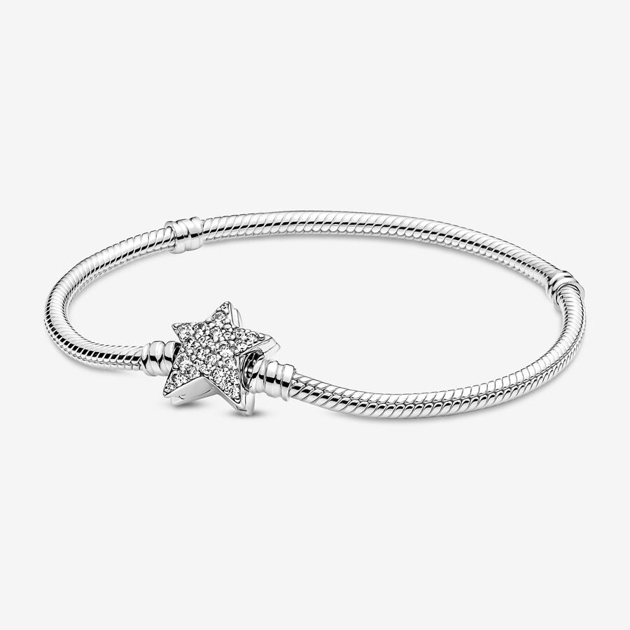 Snake chain sterling silver bracelet with star clasp and clear cubic zirconia