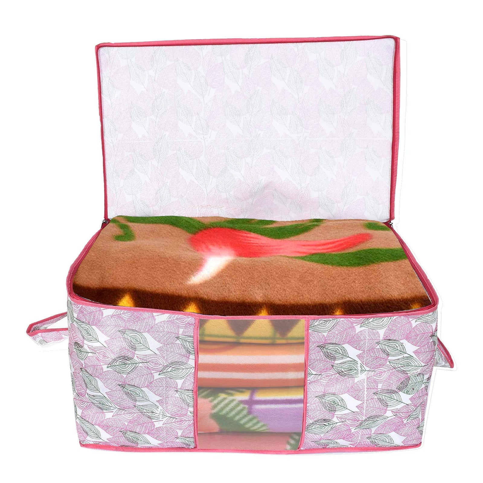 Fun Homes Metallic Leafy Print Underbed Storage Bags – 2 Pieces Non-Woven Cloth Organiser with Transparent Window