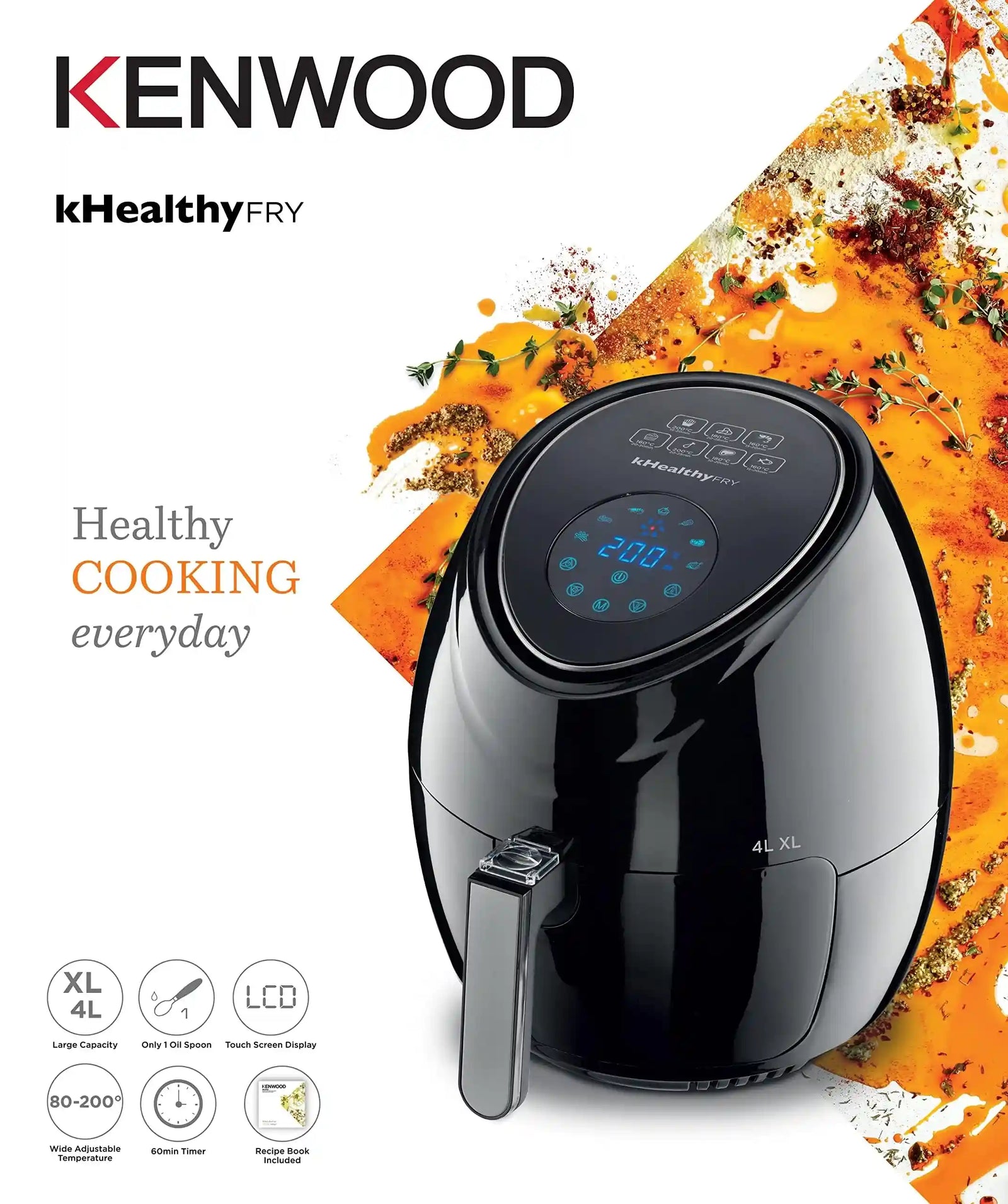 Kenwood digital air fryer xl 4.0l 1.8kg 1500w with rapid hot air circulation for frying, grilling, broiling, roasting, baking and toasting hfp31.000bk black (international warranty) - Safqqa Egypt