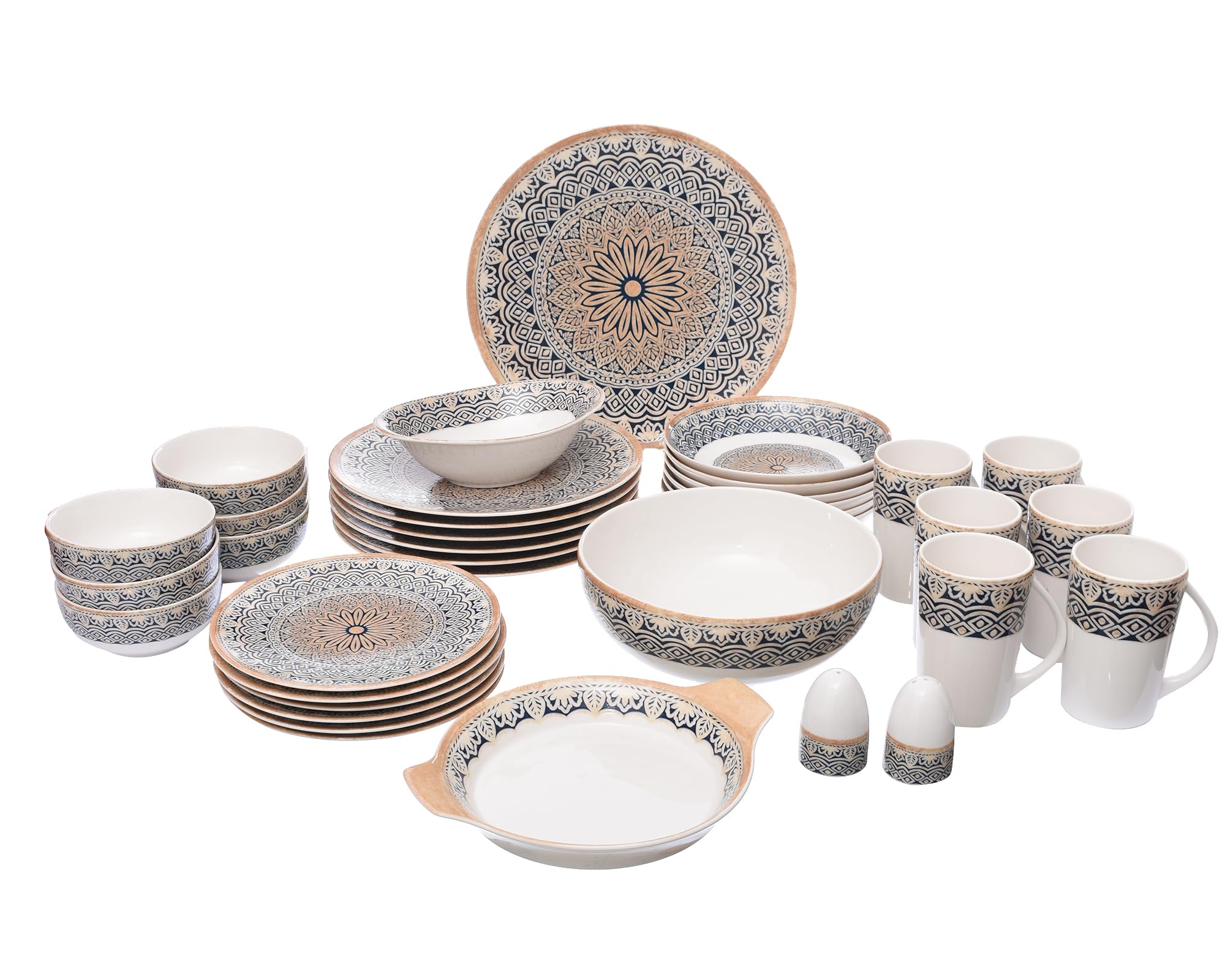 Royal Alfredo Blue Arabesque 33-Piece Dinner Set – Elegant Porcelain Tableware (Missing 3 Bowls) Box Damage