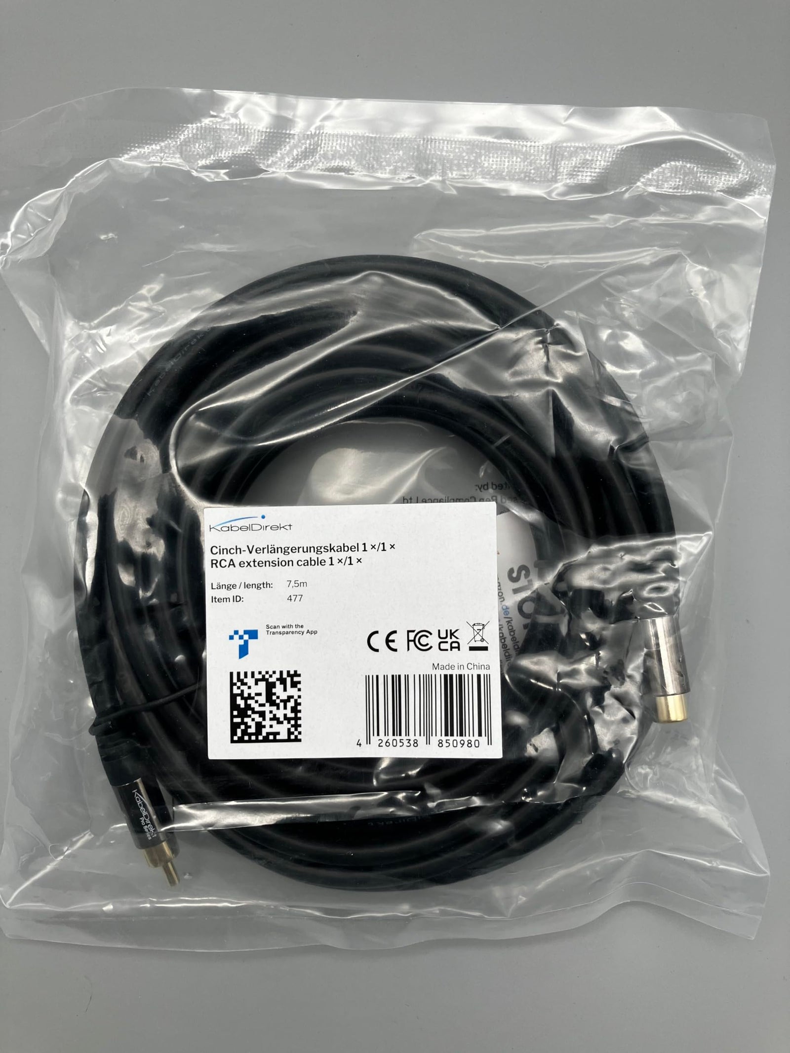 KabelDirekt 477 7.5m RCA/phono extension lead cable, audio/digital/video (coax male to female, for subs/amps/Hi-Fis, analogue/digital audio or composite video, 75 ohm) black