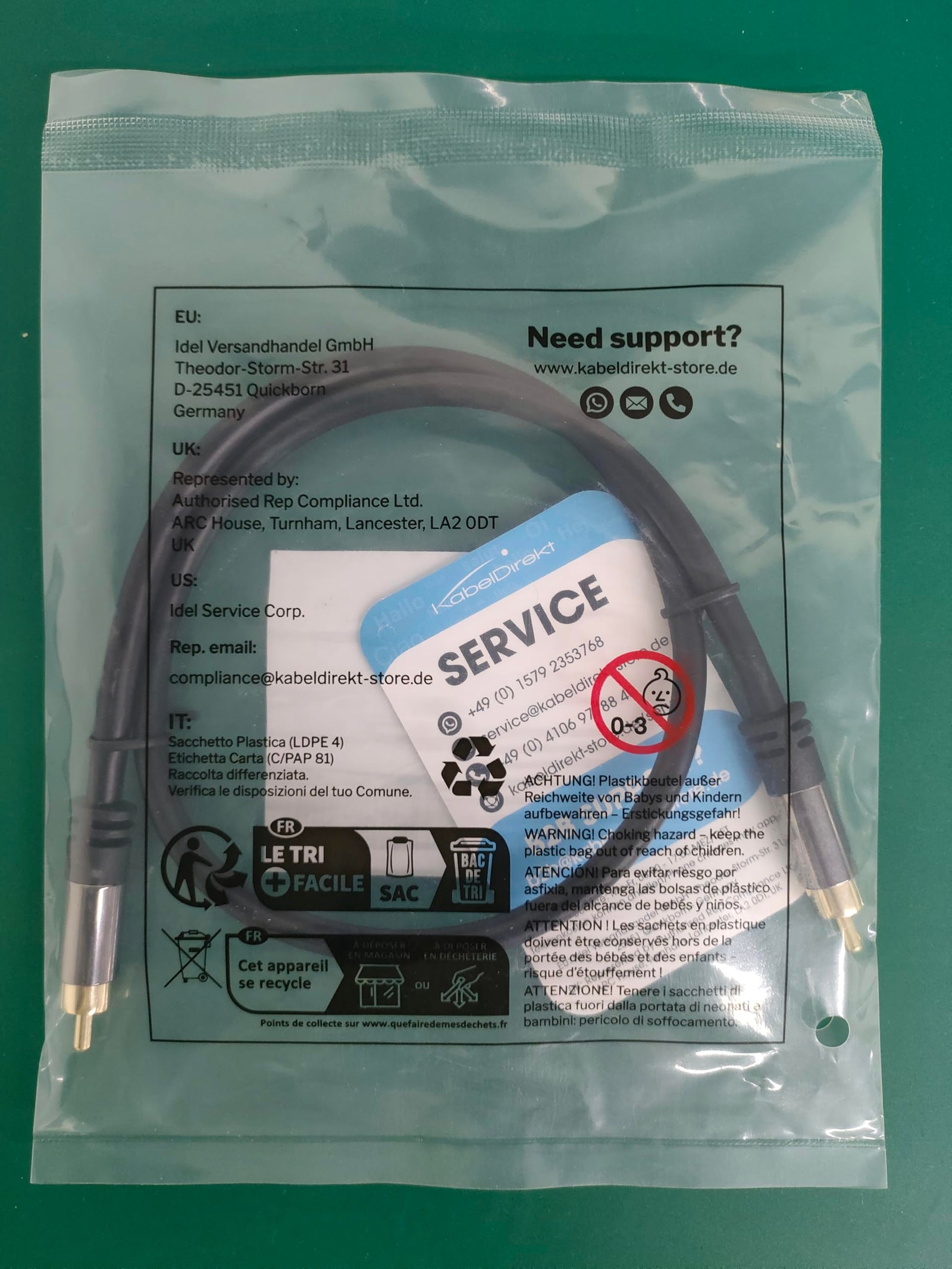 KabelDirekt 455 0.5m RCA/phono subwoofer lead cable, 1 to RCA/phono, audio/digital/video (coax male/male cinch plugs, for amps/Hi-Fis, audio signals/composite video, 75 ohm) black