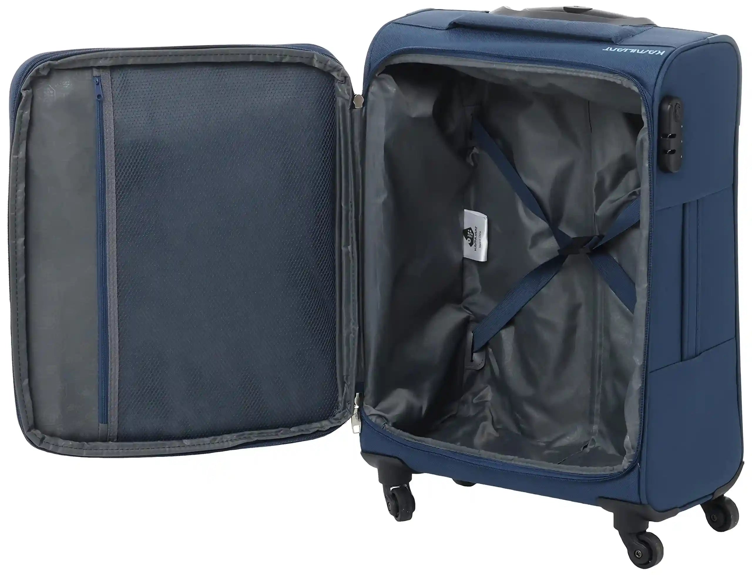 حقيبة سفر Kamiliant القابلة للسحب باللون الأزرق بمقاس ٥٥ سم، قطعة خفيفة الوزن ومتينة مصممة للراحة والأناقة أثناء السفر. مصنوعة من خامات عالية الجودة، تحتوي على عجلات دوارة ٣٦٠ درجة لتسهيل الحركة.