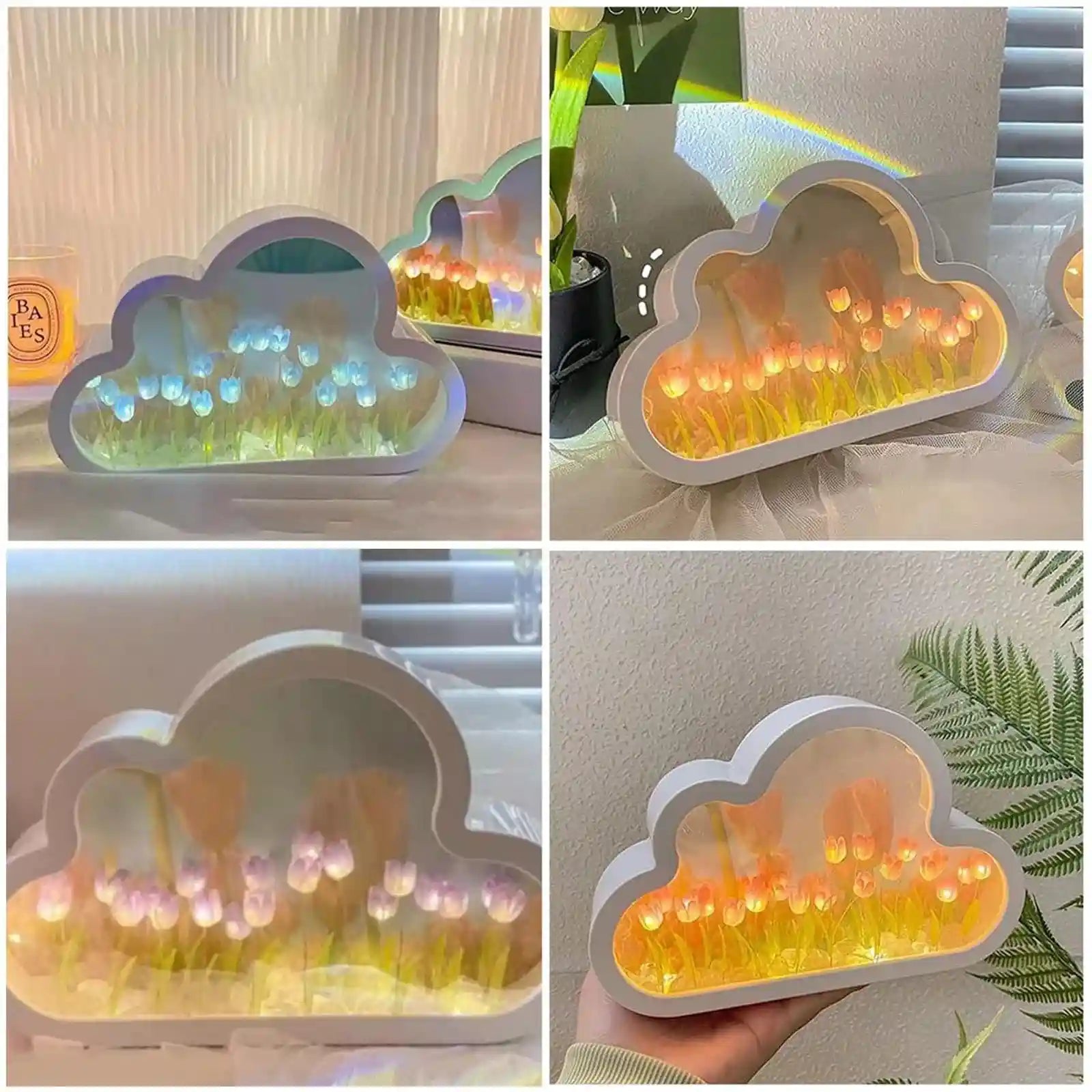 Bolivia's DIY Tulip Night Light, 20 Flowers Cloud Lamp, 2-in-1 Mirror With Lights, Simulation Flower Bedroom Sleeping Table Lamp - Safqqa Egypt