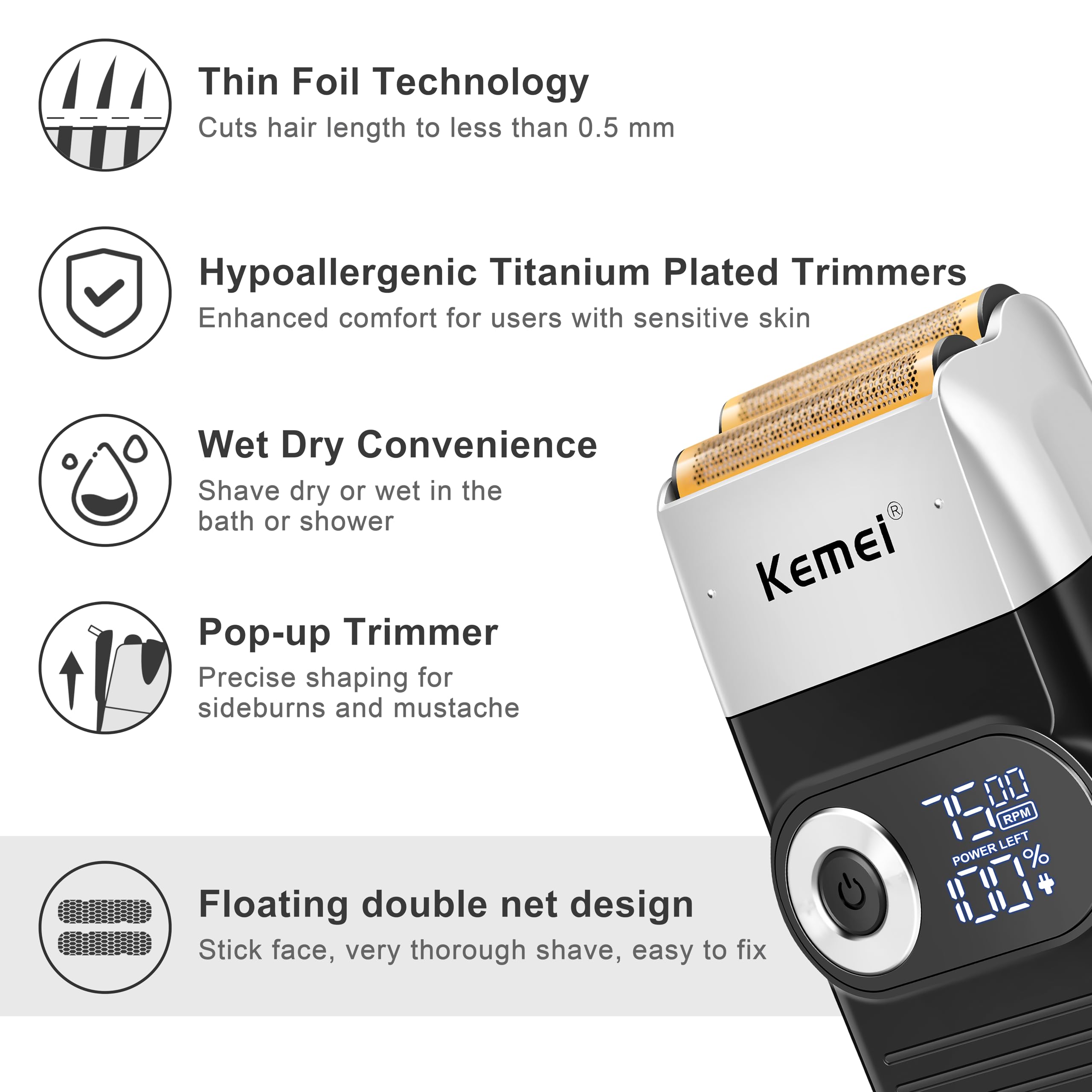 Kemei Foil Shavers for Men Electric Razor with Bald Trimming Cordless Electric Shavers with LED Display 2 in 1