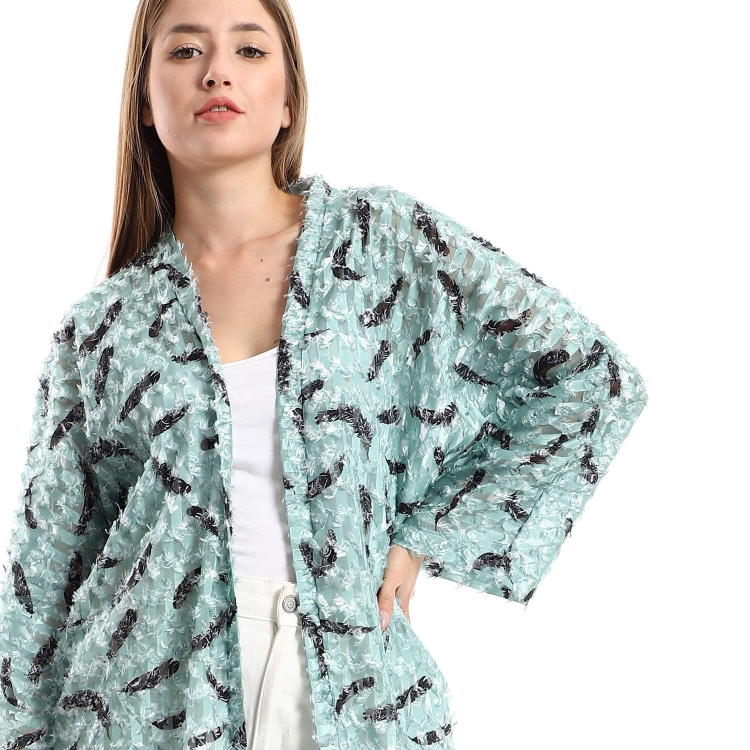 JAMILA Women Eyelash Open Neckline Long Cardigan SWEATER