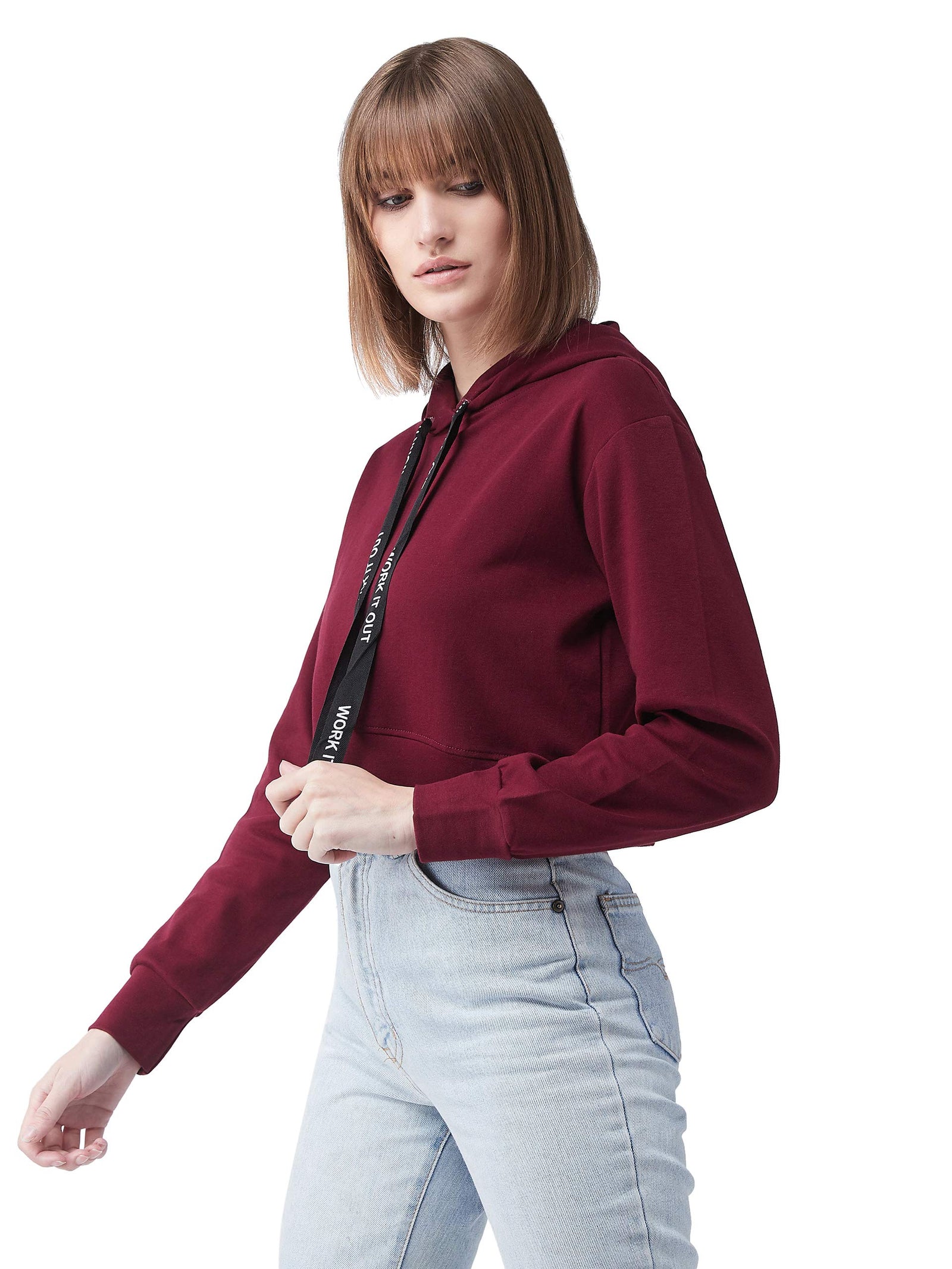 Miss Olive Women's Solid Round Neck Full Sleeve Hooded Boxy Graphic Twill Tape Detailing Crop Sweatshirt