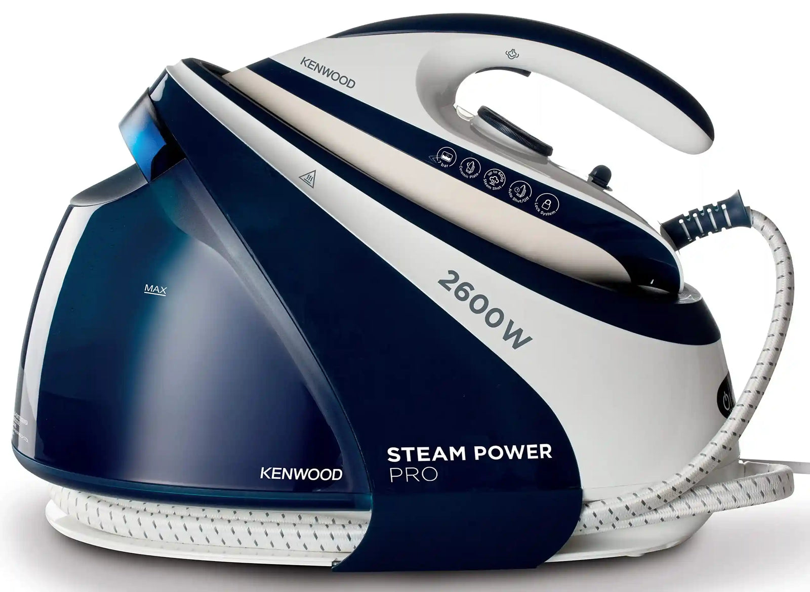 Kenwood Steam Iron Steam Station 2600W With 1.8L Water Tank Capacity, Ceramic Soleplate, 7 Bar Boiler Pressure, 600G Steam Shot, Anti Drip, Auto Shut Off, Self Clean Ssp70.000Wb White/Blue - There are scratches and the box is damaged - Safqqa Egypt