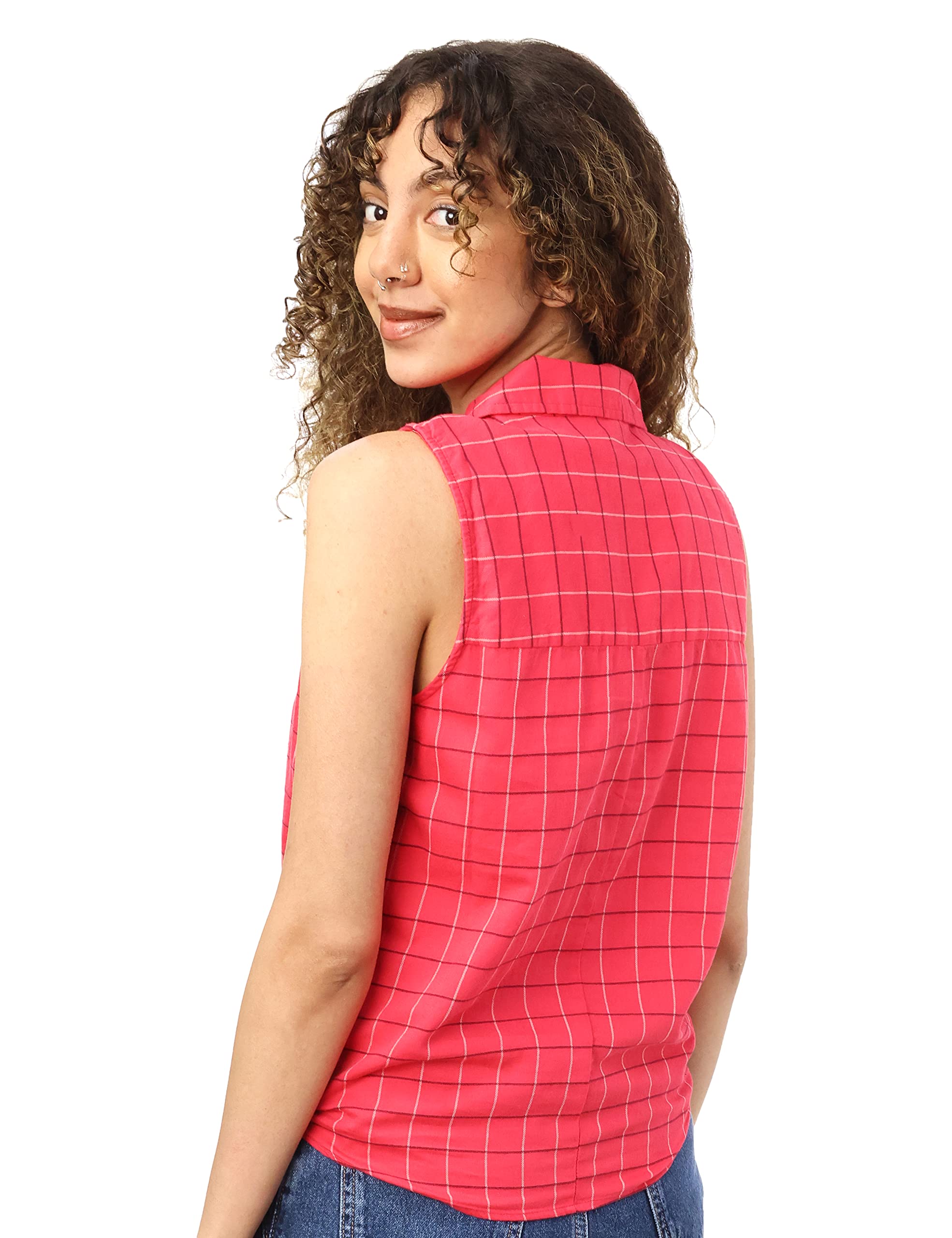 AEROPOSTALE Cotton Windowpane Plaid Front-Knot Sleeveless Blouses for Women