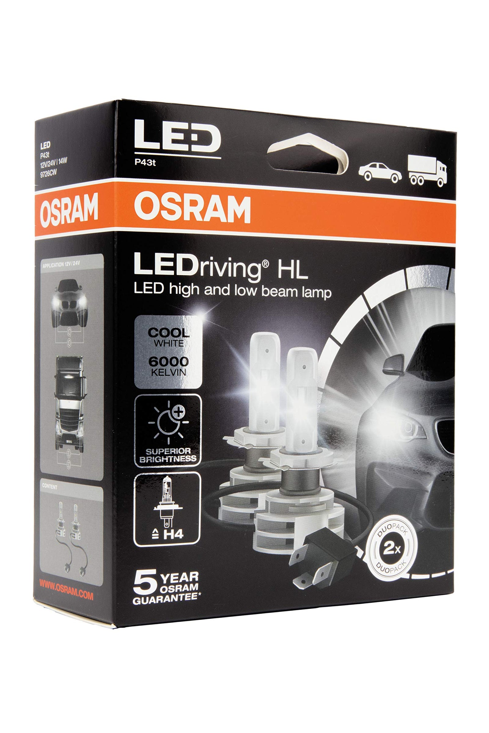 لمبات أمامية LED من أوزرام LEDriving HL Gen2 ≜H4 – إضاءة بيضاء 6000 كلفن، 12/24 فولت، للاستخدام خارج الطريق (عبوة من قطعتين)