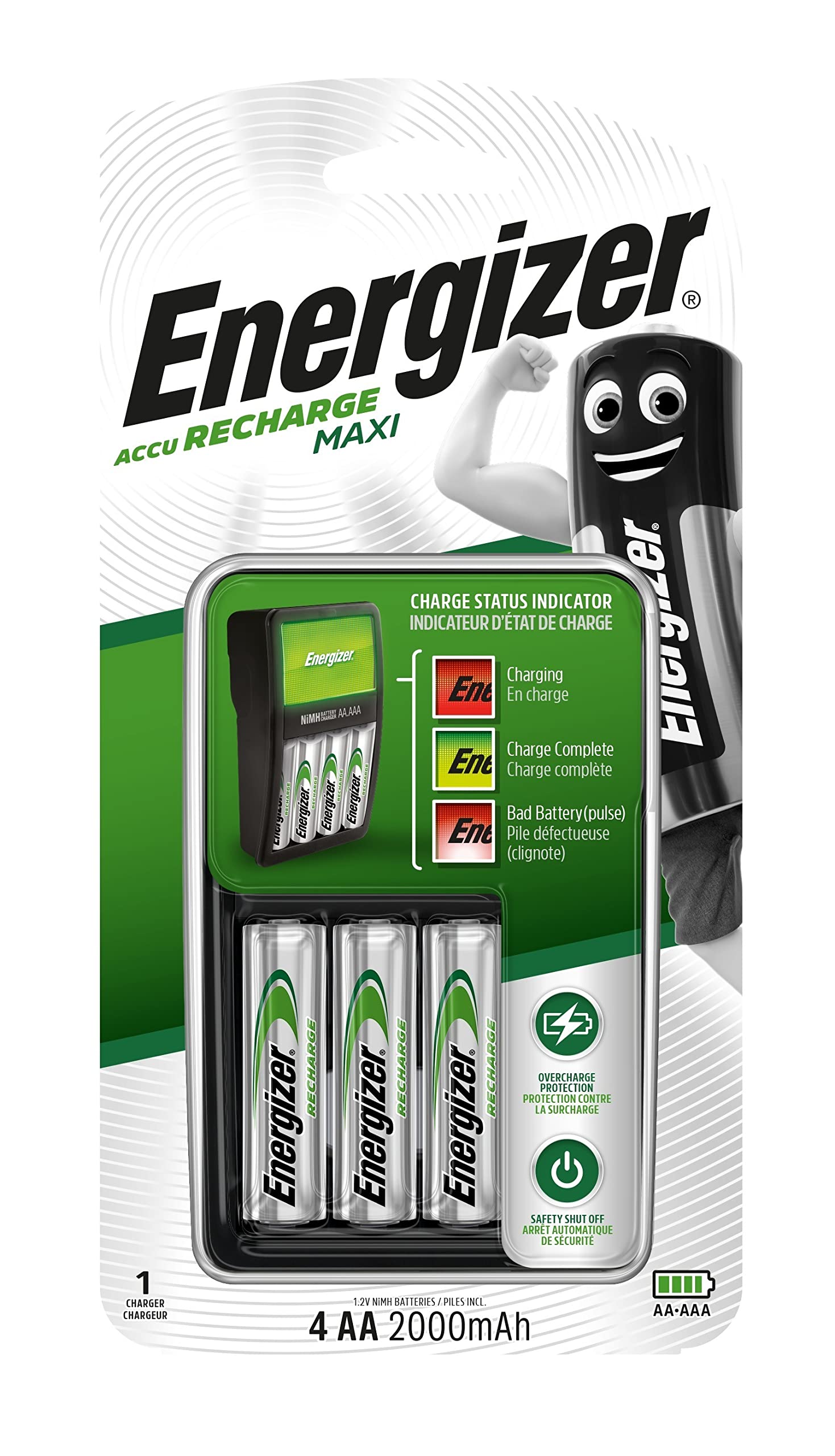 Energizer Maxi Recharge Charger, plus Rechargeble Battery, Size AA, Pack of 4 Blister Card, 2000 mAh