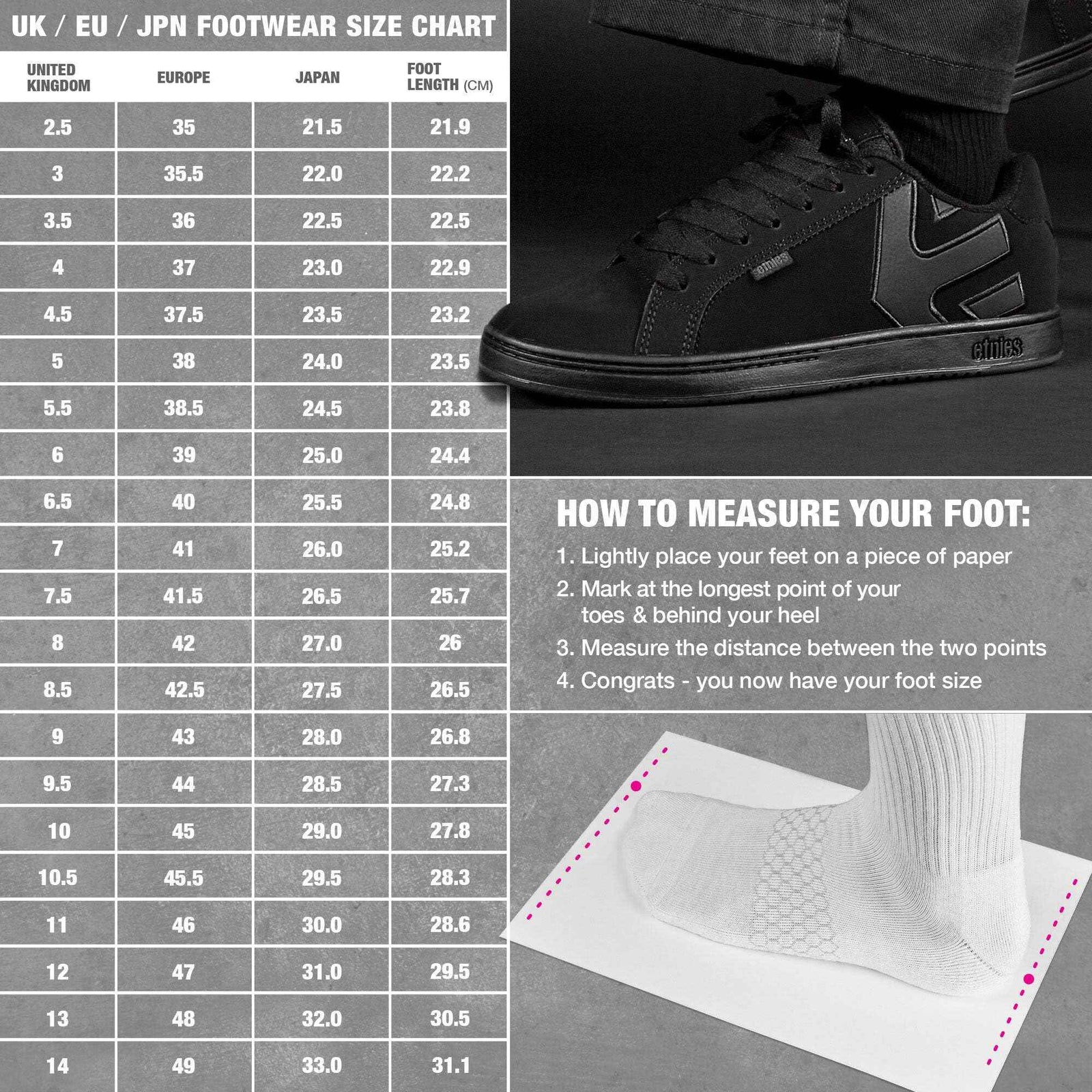 حذاء Etnies للرجال يجمع بين الراحة والمتانة والمظهر العصري الكاجوال. مصنوع من خامات عالية الجودة، يوفر دعمًا ممتازًا أثناء المشي