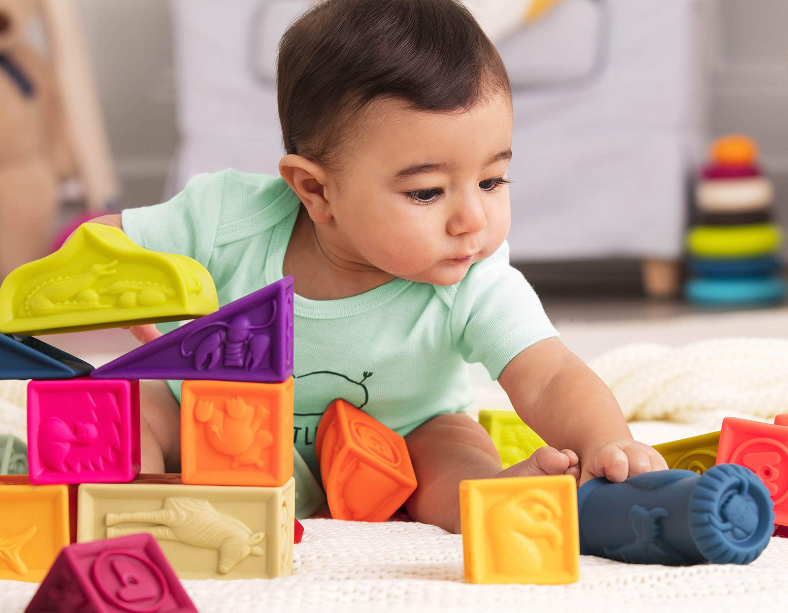 B. toys - elemenosqueeze baby blocks - 26 stacking blocks with shapes numbers, animals & textures - bpa free soft blocks for babies 6m+ (26-pcs)