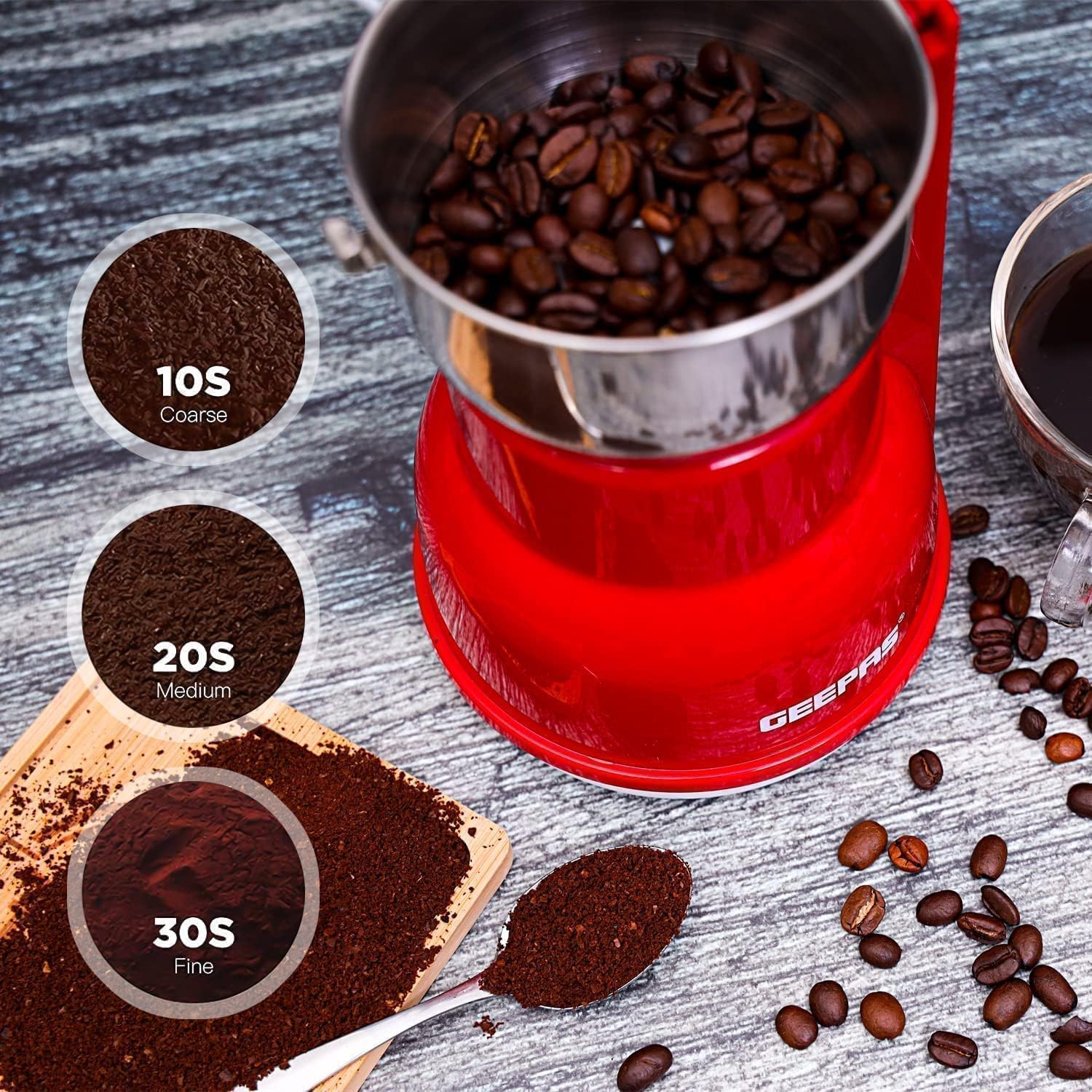 Geepas 180W Electric Coffee Grinder - Stainless Steel Blade |Stainless Steel Cup for Grinding, Overheat Protection | Removable Steel Bowl