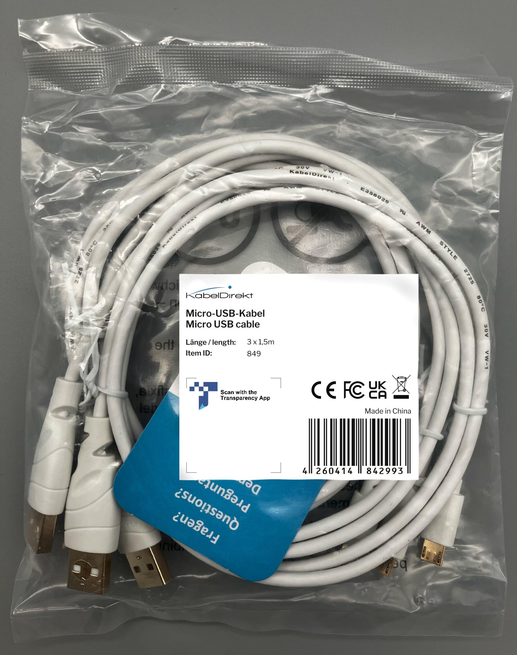 KabelDirekt 852 1.5m 5 x Micro USB Cable (USB 2.0, Synch & Charge Cable) TOP Series white