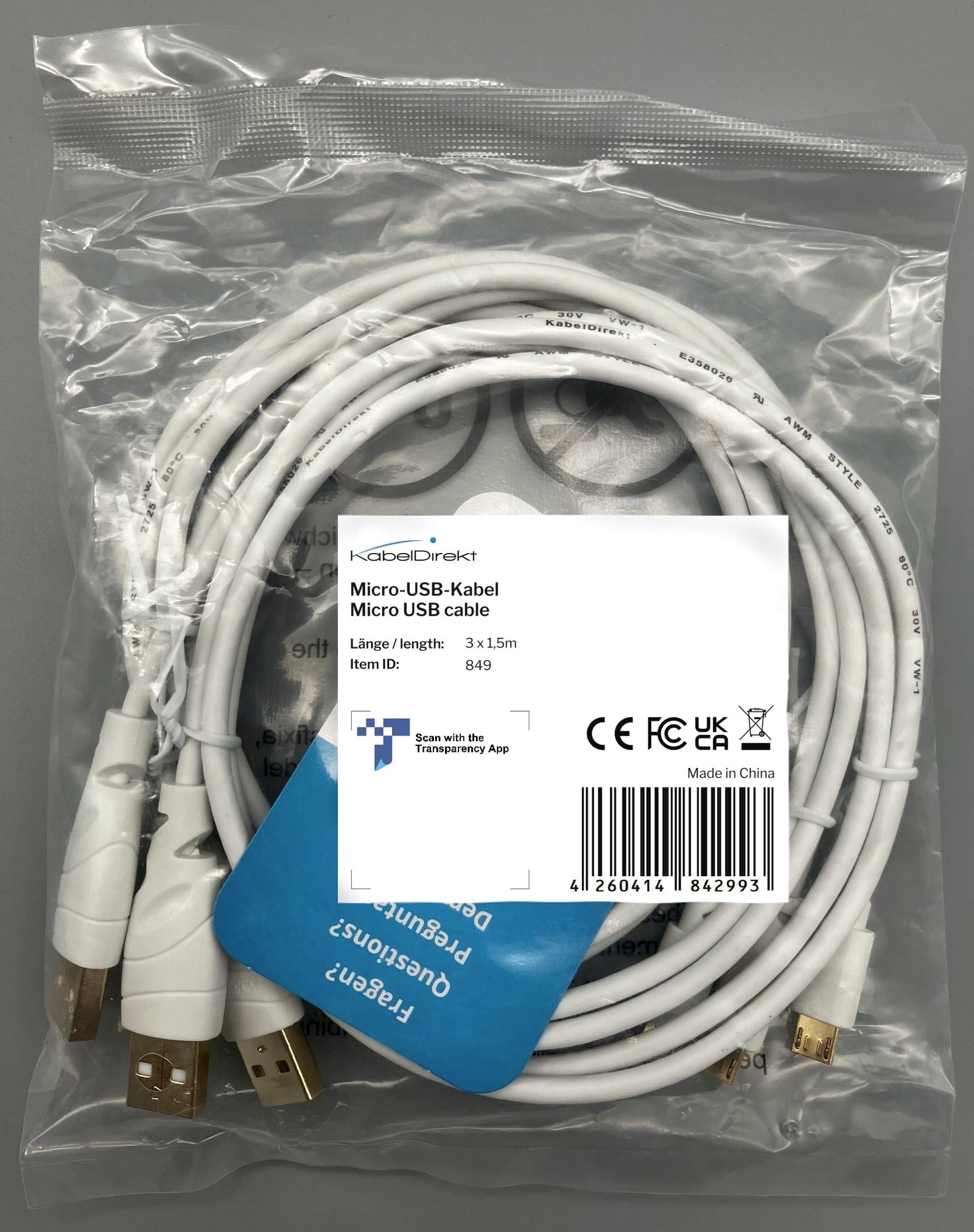 KabelDirekt 852 1.5m 5 x Micro USB Cable (USB 2.0, Synch & Charge Cable) TOP Series white